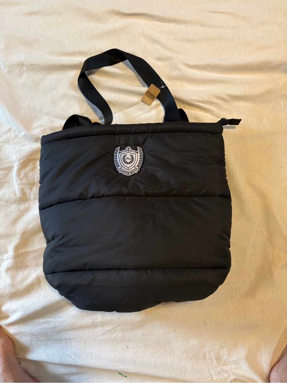 PINK Victoria's Secret Black Quilted Messenger Tote with Crest Patch